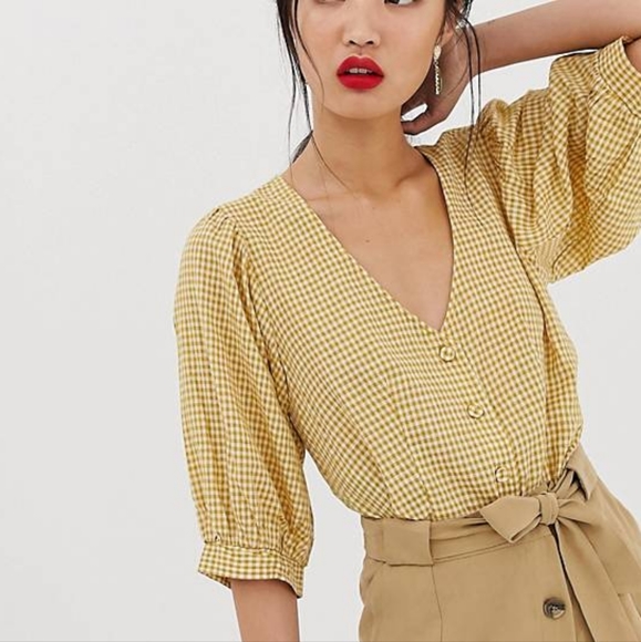 ISO Mango gingham front button blouse in Yellow - Picture 3 of 3